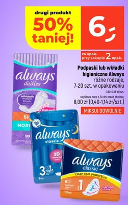 Podpaski lub wkładki higieniczne Always różne rodzaje promocja w Dealz