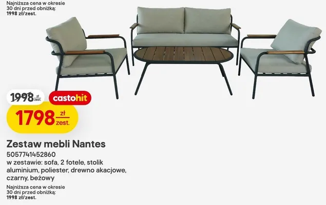 Zestaw mebli Nantes w zestawie: sofa, 2 fotele, stolik aluminium, poliester, drewno akacjowe, czarny, beżowy promocja w Castorama