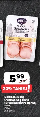 Kiełbasa sucha krakowska z fileta kurczaka Mistrz Rohus plastry promocja w Netto