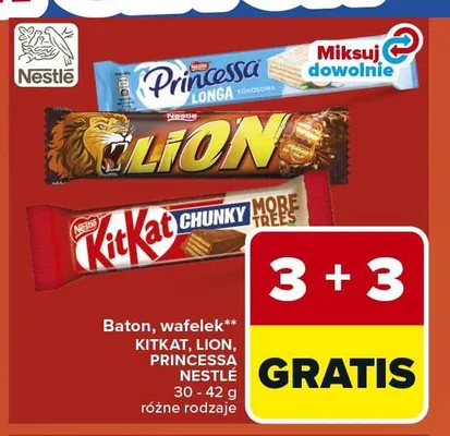 Baton, wafelek KitKat, Lion, Princessa Nestlé promocja w Carrefour