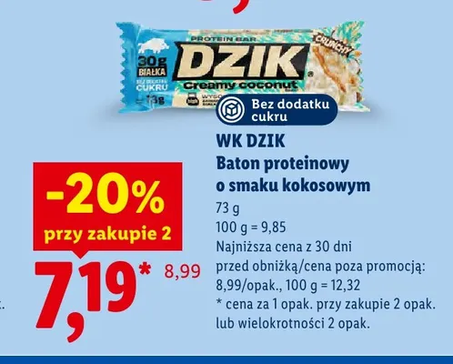 Baton proteinowy WK DZIK o smaku kokosowym bez dodatku cukru promocja w Lidl