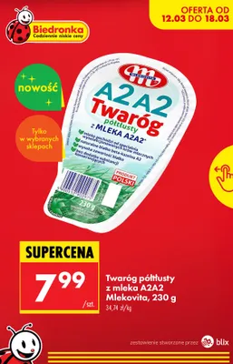 Twaróg półtłusty z mleka A2A2 promocja w Biedronka