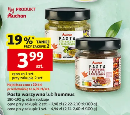Pasta warzywna lub hummus promocja w Auchan
