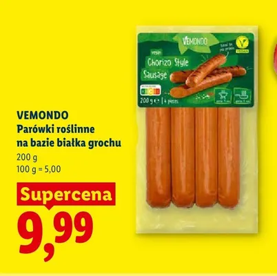 Parówki roślinne na bazie białka grochu Vemondo promocja w Lidl