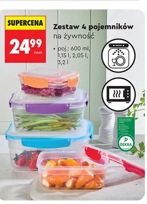 Zestaw 4 pojemników na żywność poj.: 600ml, 1,15l, 2,05l, 3,2l promocja w Biedronka