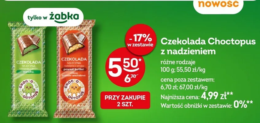 Czekolada mleczna z nadzieniem o smaku matcha Choctopus promocja w Żabka