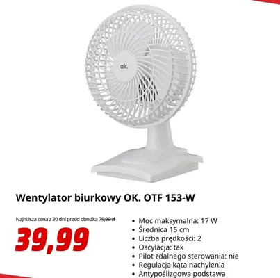 Wentylator biurkowy OK. OTF 153-W promocja w Media Markt