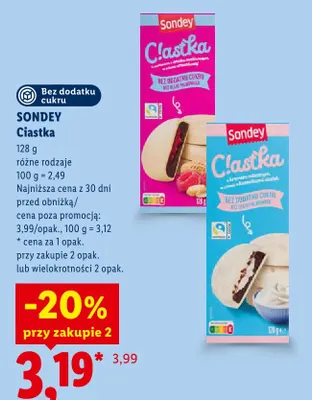 Ciastka bez dodatku cukru z nadzieniem o smaku malinowym Sondey promocja w Lidl