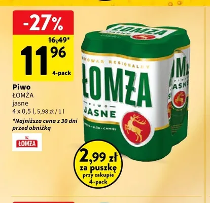 Piwo Łomża Jasne 4-pak promocja w Intermarche
