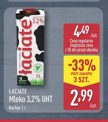 Mleko UHT Łaciate 3,2% promocja w Aldi