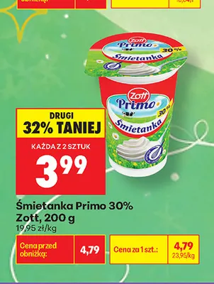 Śmietanka Primo Zott 30% promocja w Biedronka