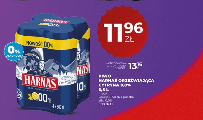Piwo bezalkoholowe Harnaś Orzeźwiająca Cytryna 4-pak promocja w Duży Ben