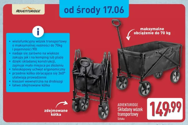 Składany wózek transportowy Adventuridge promocja w Aldi
