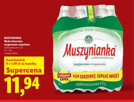Woda mineralna magnezowo-wapniowa niskonasycona CO2 Muszynianka 6-pak 1,5l promocja w Lidl