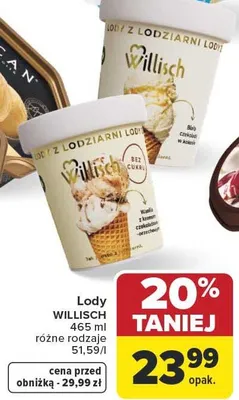 Lody Willisch wanilia z krokami czekoladowo-orzechowymi bez cukru promocja w Carrefour