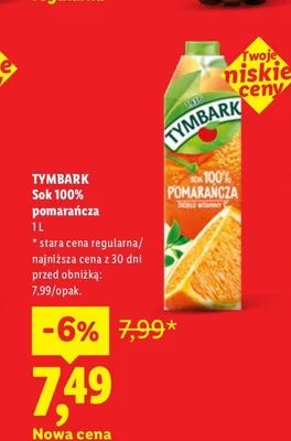 Sok pomarańcza Tymbark 100% promocja w Lidl