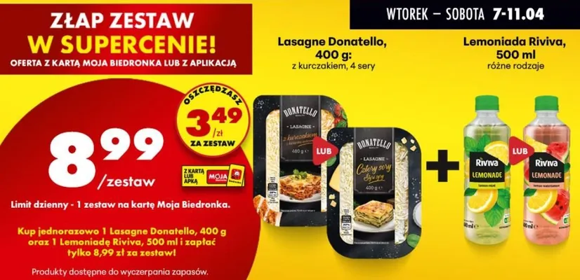 Zestaw: lasagne z kurczakiem, 4 sery + lemoniada Riviva 500 ml, różne rodzaje promocja w Biedronka