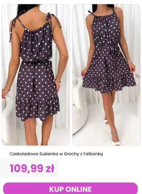 Sukienka czekoladowa w grochy z falbanką ModnaKiecka.pl promocja w Modna Kiecka