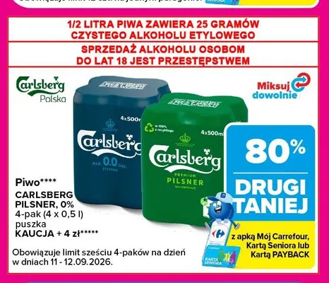 Piwo bezalkoholowe Carlsberg 4-pak promocja w Carrefour Market