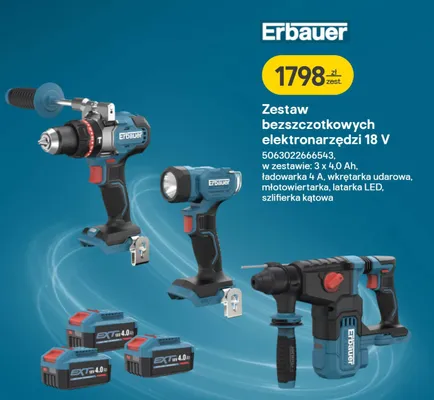Zestaw bezszczotkowych elektronarzędzi ERBAUER 18 V promocja w Castorama