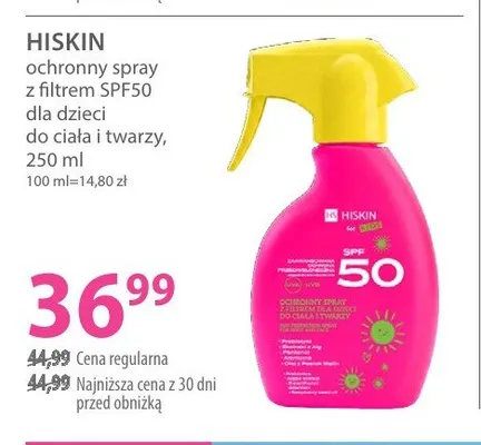 Ochronny spray z filtrem SPF50 dla dzieci do ciała i twarzy Hiskin promocja w Hebe