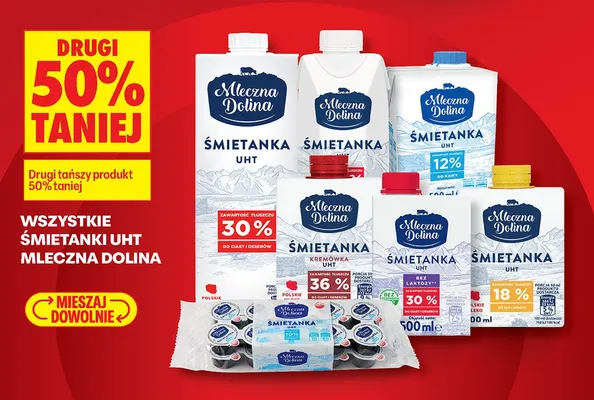 Wszystkie śmietanki UHT Mleczna Dolina DRUGA -50% promocja w Biedronka