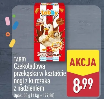 Czekoladowa przekąska w kształcie nogi z kurczaka z nadzieniem TABBY promocja w Aldi