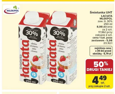 Śmietanka UHT Łaciata 30% promocja w Carrefour