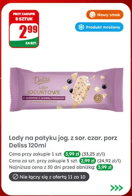 Lody na patyku jogurtowe z sorbetem z czarnej porzeczki Deliss promocja w Dino
