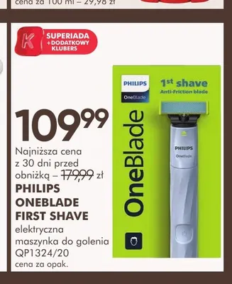 Elektryczna maszynka do golenia Philips OneBlade First Shave QP1324/20 promocja w Super-Pharm