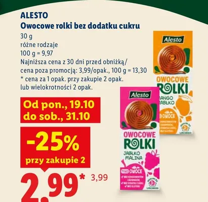 Owocowe rolki bez dodatku cukru mango jabłko Alesto promocja w Lidl
