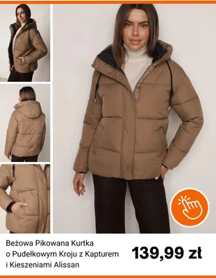 Beżowa pikowana kurtka o pudełkowym kroju z kapturem i kieszeniami Alissan born2be promocja w Born2be