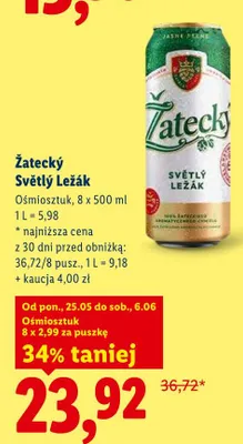 Piwo Žatecký Světlý Ležák 8-pak 500ml promocja w Lidl