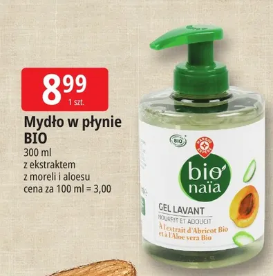 Mydło w płynie z ekstraktem z moreli i aloesu Bio Naïa promocja w Leclerc