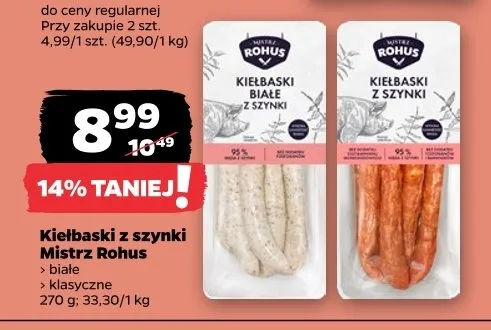 Kiełbaski z szynki Mistrz Rohus białe, klasyczne promocja w Netto