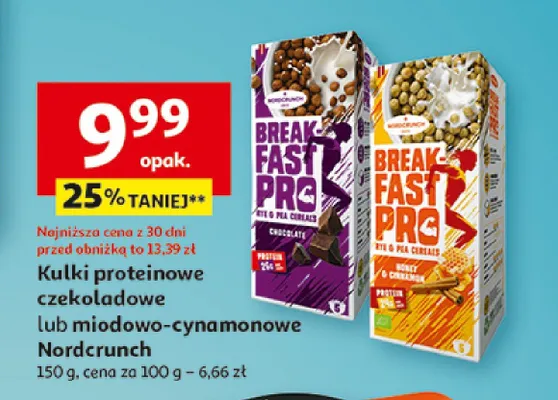 Kulki proteinowe czekoladowe lub miodowo-cynamonowe Nordcrunch promocja w Auchan