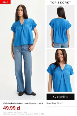 Bluzka niebieska z dekoltem v-neck Top Secret promocja w Top Secret
