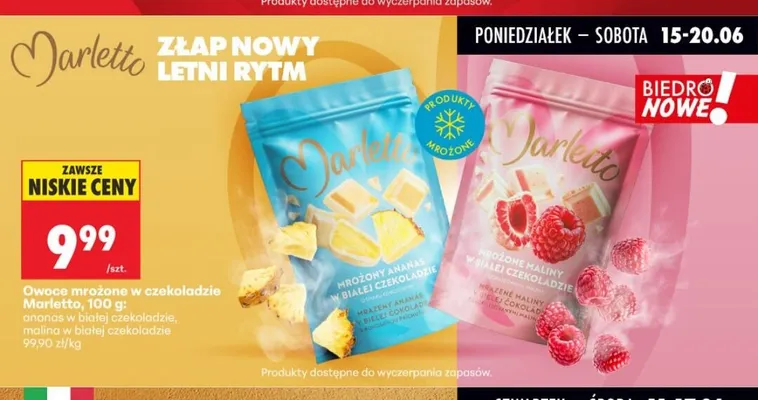Owoce mrożone w czekoladzie Marletto malina w białej czekoladzie promocja w Biedronka