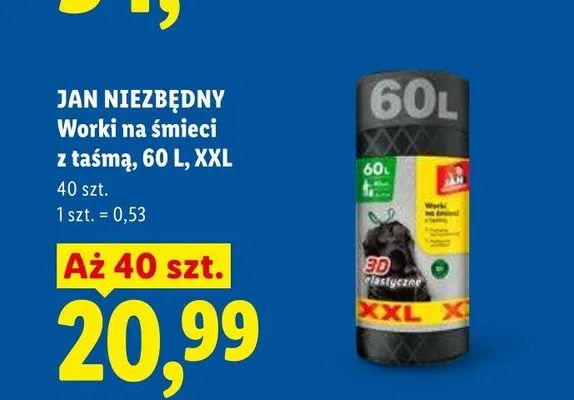 Worki na śmieci z taśmą Jan Niezbędny 60 l XXL promocja w Lidl