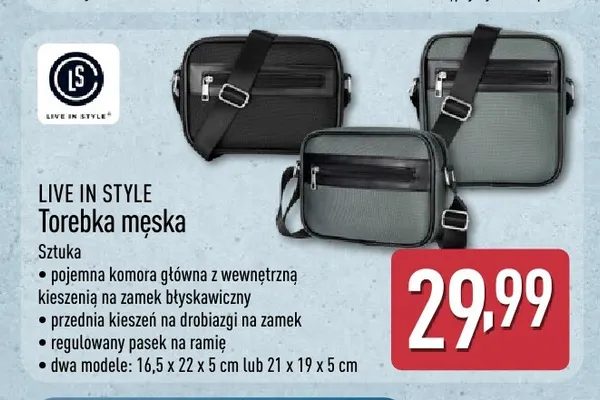 Torebka męska 16,5x22x5 cm Live in Style promocja w Aldi