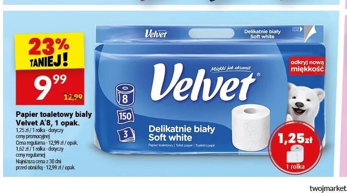 Papier toaletowy biały Velvet 8-pak promocja w Twój Market