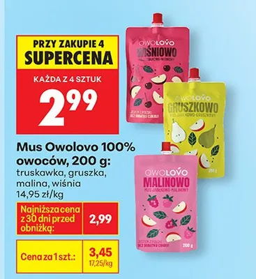 Mus owocowy 100% owoców truskawka, gruszka, malina, wiśnia promocja w Biedronka
