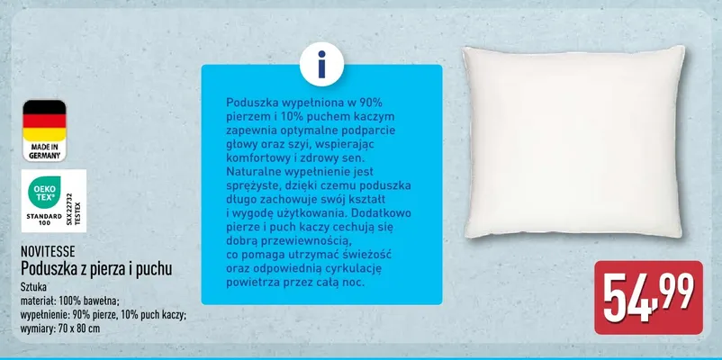 Poduszka z pierza i puchu Novitesse 70x80 cm promocja w Aldi