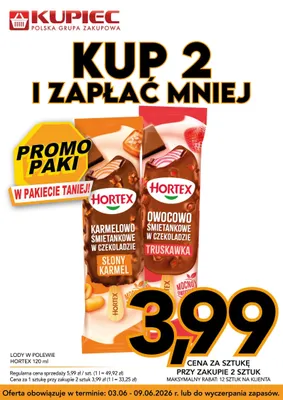 Lody w polewie Hortex owocowo śmietankowe w czekoladzie truskawka promocja w Kupiec