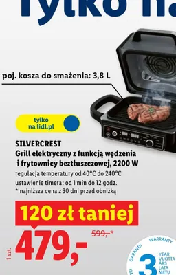 Grill elektryczny z funkcją wędzenia i frytownicy beztłuszczowej 2200W promocja w Lidl