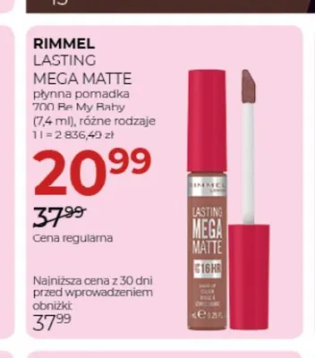 Płynna pomadka Lasting Mega Matte 700 Be My Baby Rimmel promocja w Drogerie Jawa