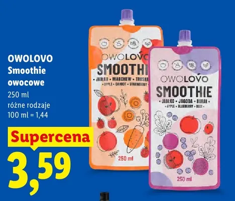Smoothie owocowe Owolovo Jabłko Marchew Truskawka promocja w Lidl
