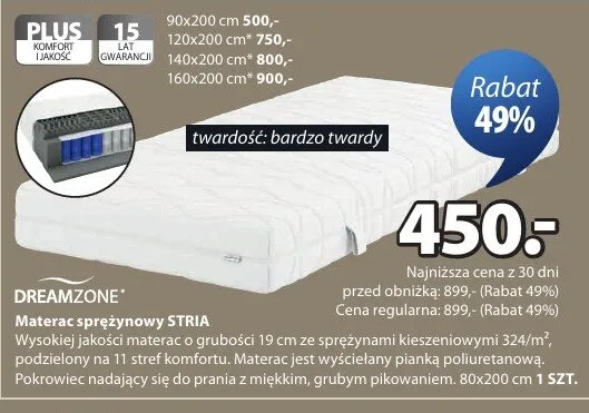 Materac sprężynowy DREAMZONE STRIA 80x200cm promocja w Jysk