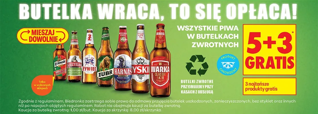 Wszystkie piwa w butelkach zwrotnych 5+3 GRATIS promocja w Biedronka