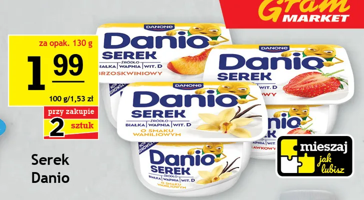 Serek homogenizowany Danio o smaku truskawkowym Danone promocja w Gram Market